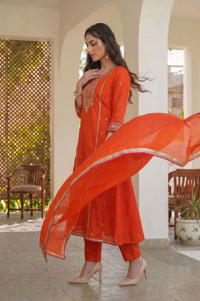 Orange Floral Embroidered Silk Palazzo Suit (ACB1361)