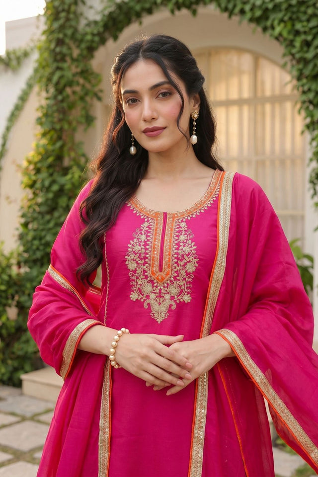 Pink Floral Embroidered Silk Palazzo Suit (ACB1362)