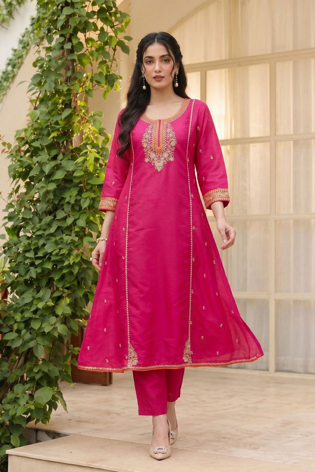 Pink Floral Embroidered Silk Palazzo Suit (ACB1362)