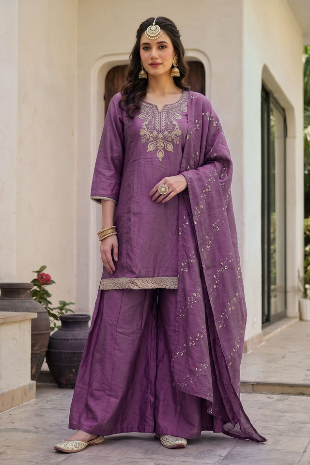 Pink Floral Embroidered Silk Palazzo Suit (ACB1363)