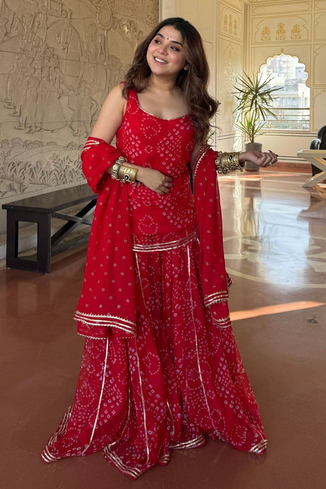 Red Bandhani Printed Georgette Sharara Suit (ACB1368)