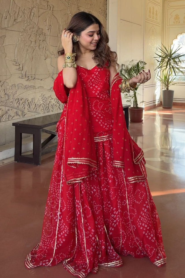 Red Bandhani Printed Georgette Sharara Suit (ACB1368)