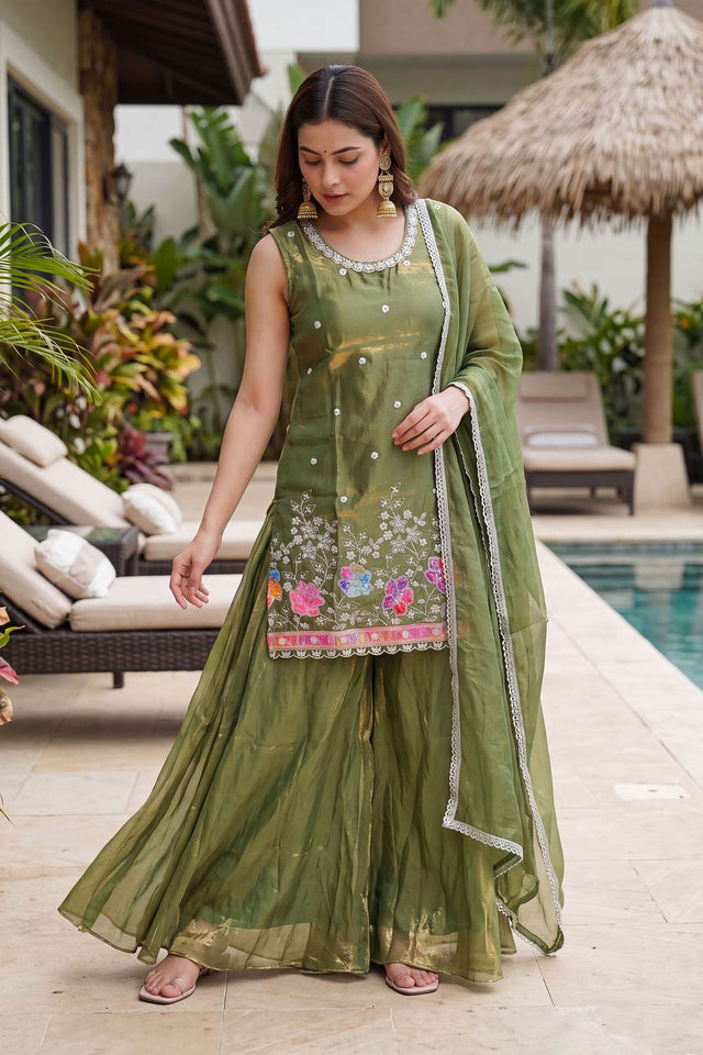 Green Floral Embroidered Silk Palazzo Suit (ACB1373)