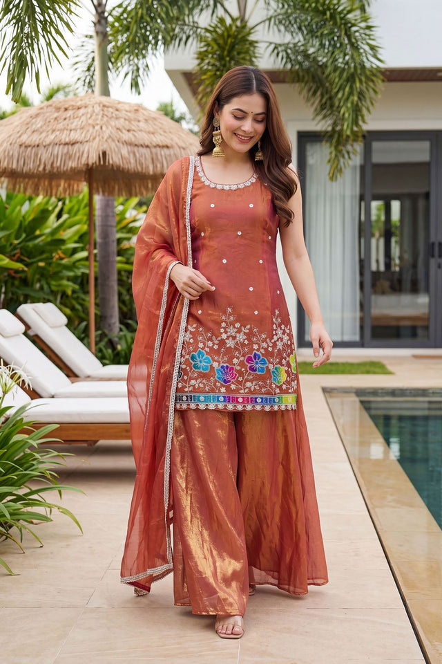 Rust Floral Embroidered Silk Palazzo Suit (ACB1374)