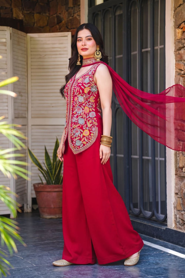 Pink Floral Embroidered Georgette Kurti Palazzo Set (ACB1375)