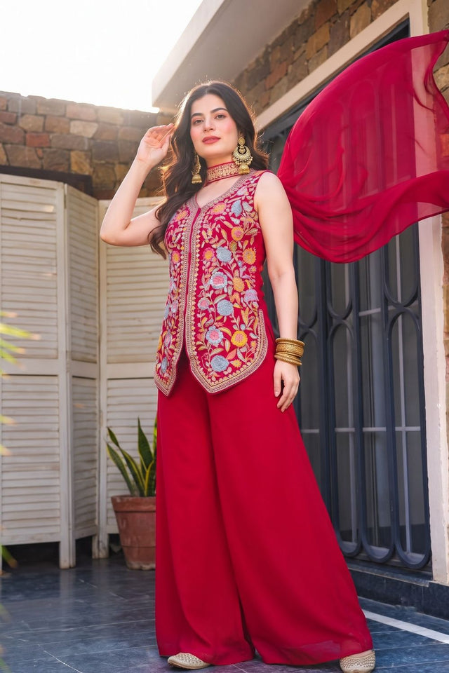 Pink Floral Embroidered Georgette Kurti Palazzo Set (ACB1375)