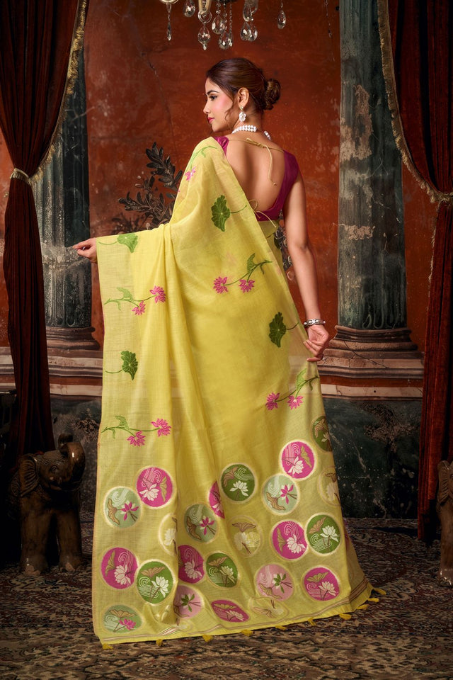 Yellow Floral Woven Cotton Saree (ACB1378)