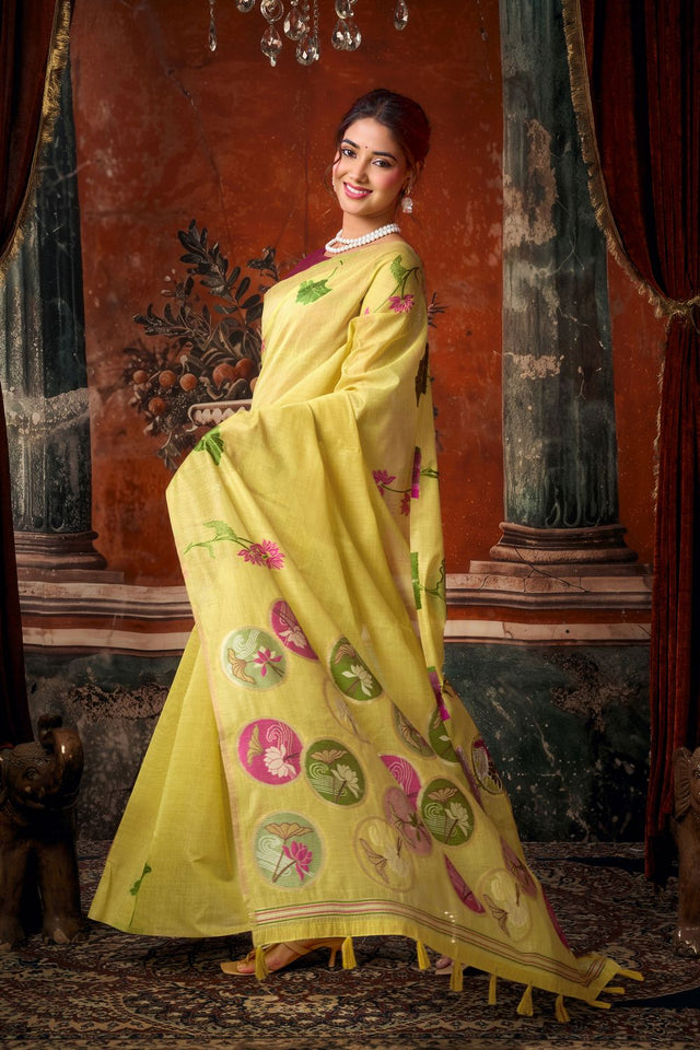 Yellow Floral Woven Cotton Saree (ACB1378)