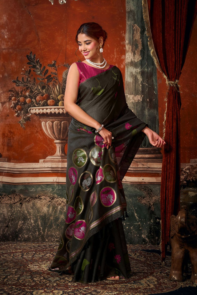 Black Floral Woven Cotton Saree (ACB1379)