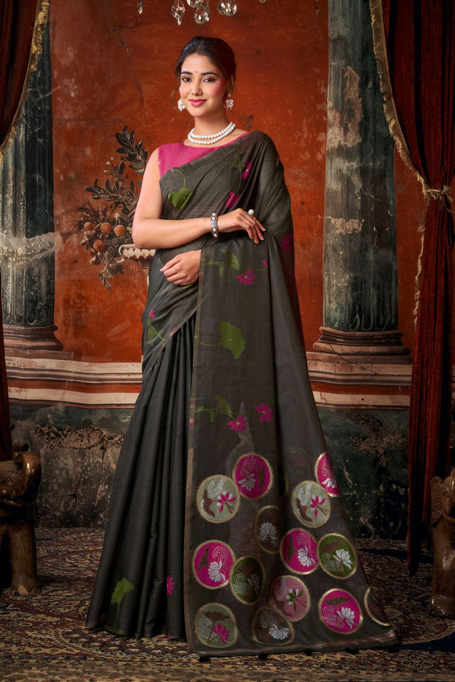 Black Floral Woven Cotton Saree (ACB1379)