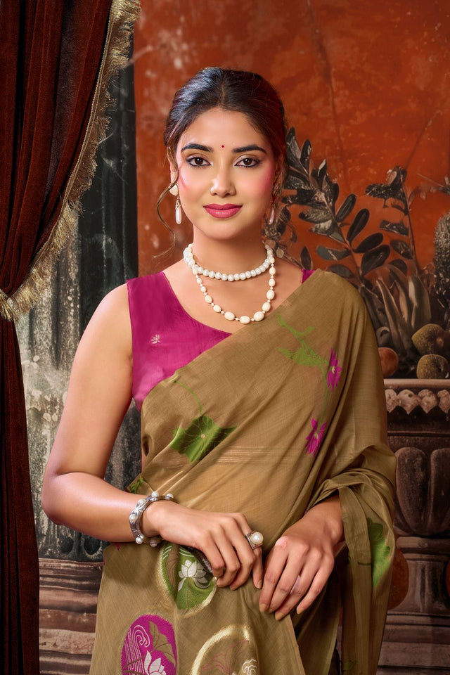 Brown Floral Woven Cotton Saree (ACB1381)