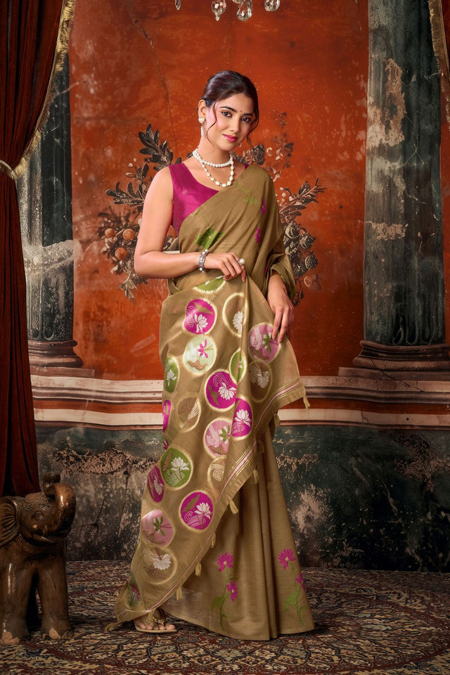 Brown Floral Woven Cotton Saree (ACB1381)