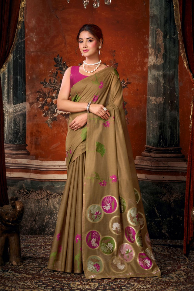 Brown Floral Woven Cotton Saree (ACB1381)