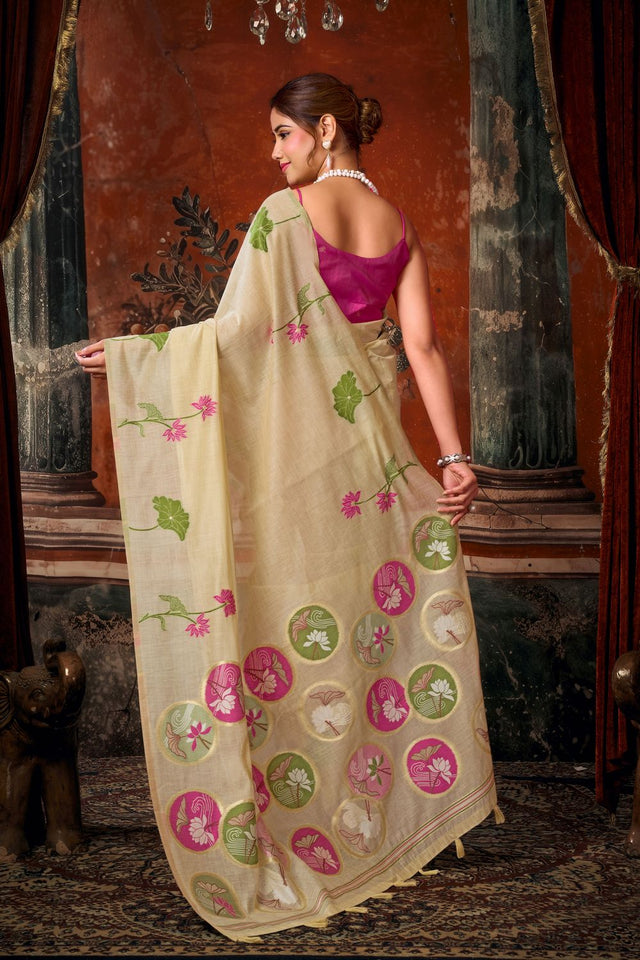 Beige Floral Woven Cotton Saree (ACB1382)