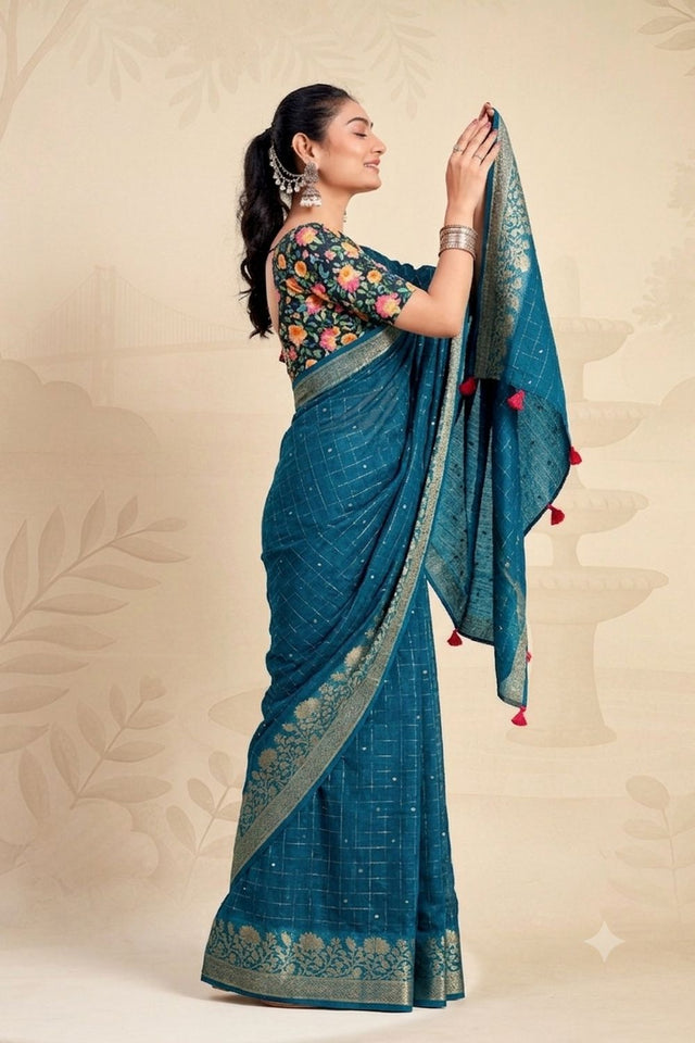 Turquoise Woven Chiffon Saree (ACB1389)