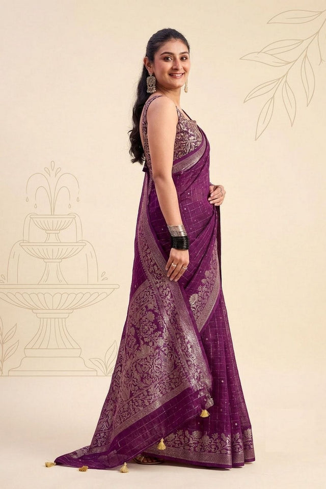 Purple Woven Chiffon Saree (ACB1390)
