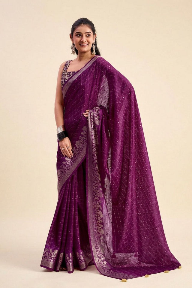 Purple Woven Chiffon Saree (ACB1390)