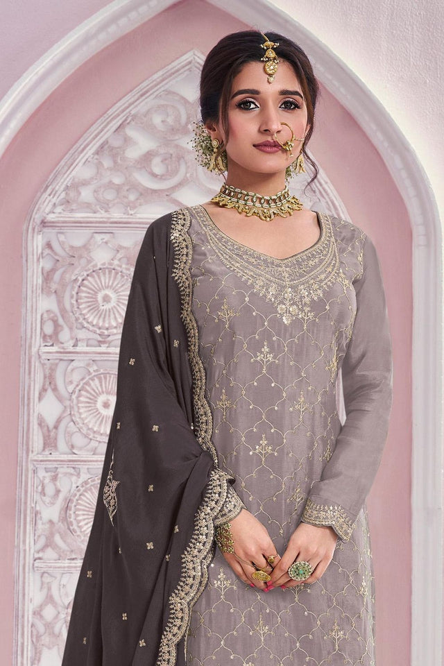 Grey Sequin with Embroidered Chinon Sharara Suit (ACB1394)