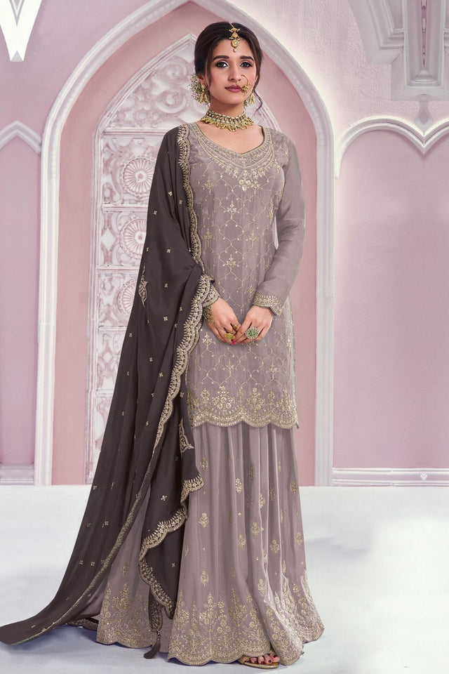Grey Sequin with Embroidered Chinon Sharara Suit (ACB1394)