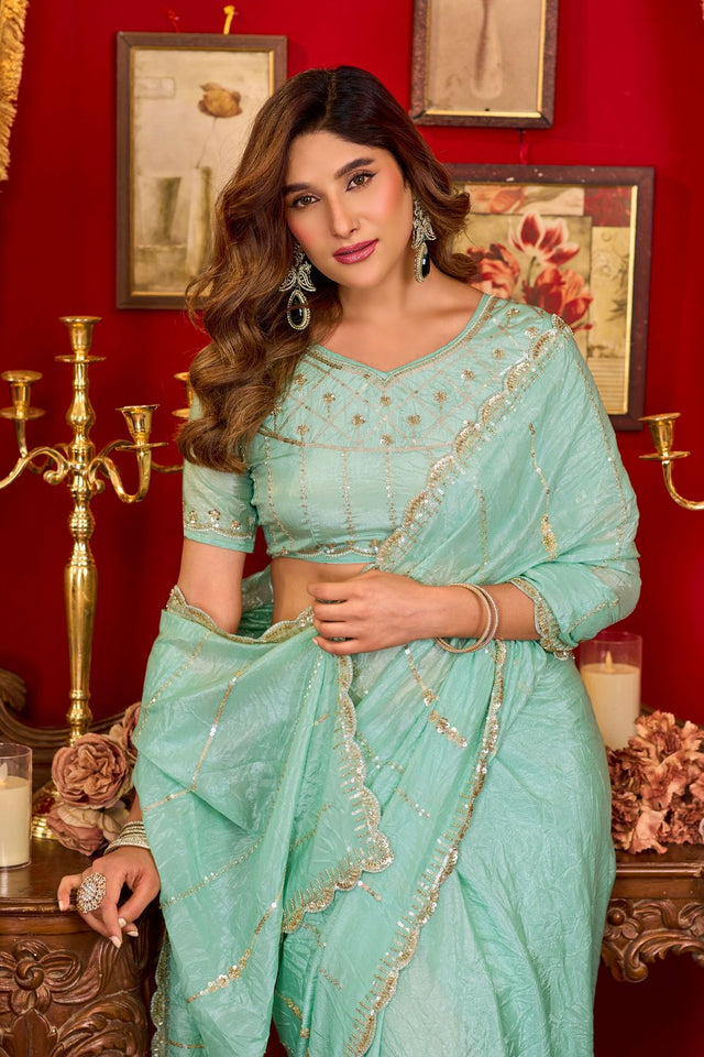 Sea Green Sequin with Embellished Silk Saree (ACB1397)