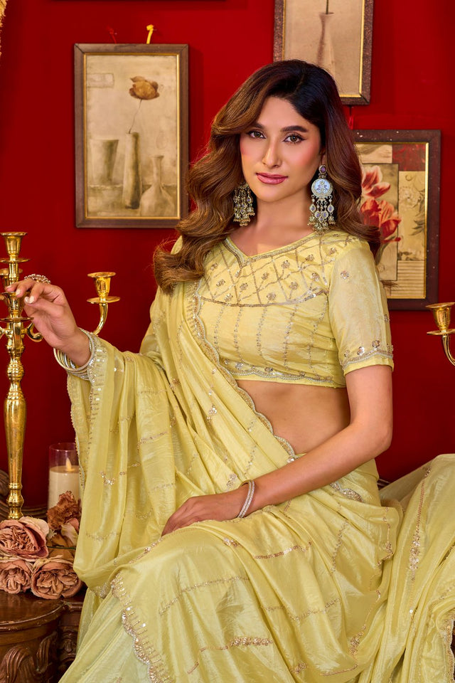 Yellow Sequin with Embellished Silk Saree (ACB1401)