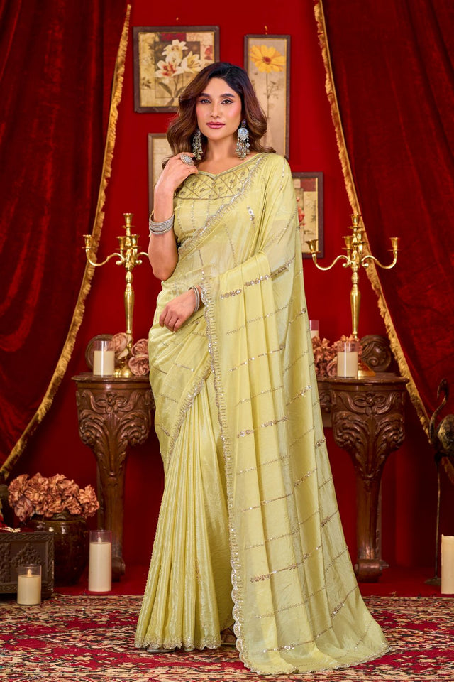 Yellow Sequin with Embellished Silk Saree (ACB1401)