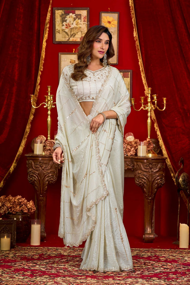 Off White Sequin with Embellished Silk Saree (ACB1402)
