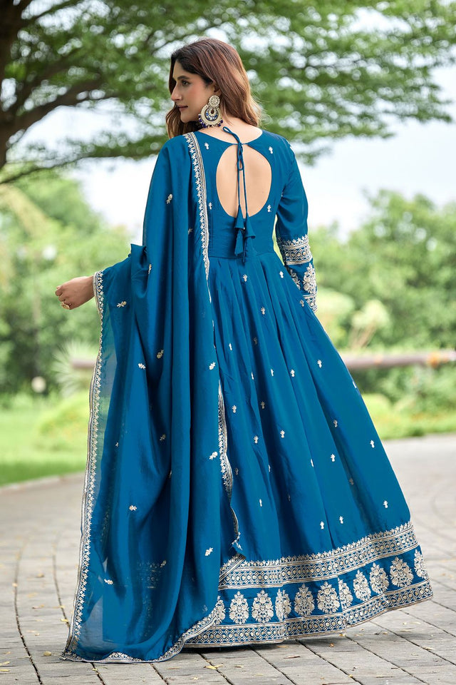 Blue Sequin with Floral Embroidered Art Silk Gown (ACB1403)