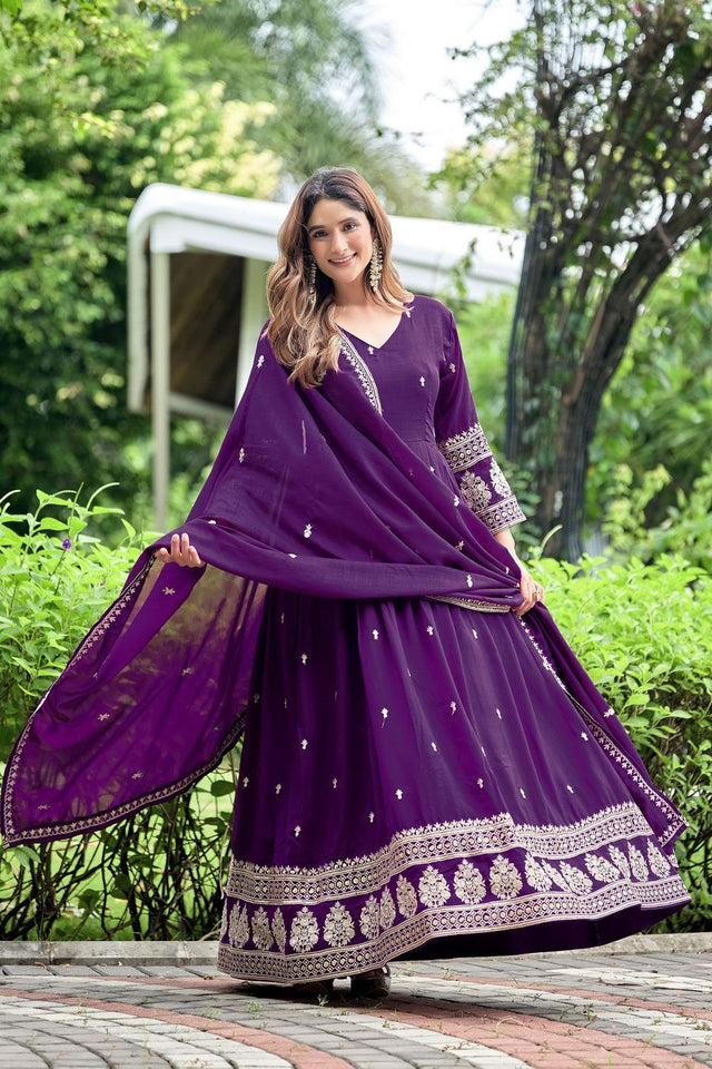Purple Sequin with Floral Embroidered Art Silk Gown (ACB1404)