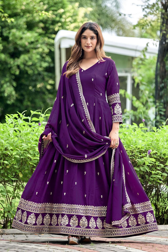 Purple Sequin with Floral Embroidered Art Silk Gown (ACB1404)