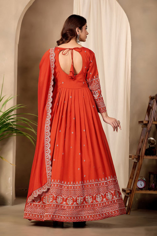 Rust Sequin with Floral Embroidered Art Silk Gown (ACB1405)