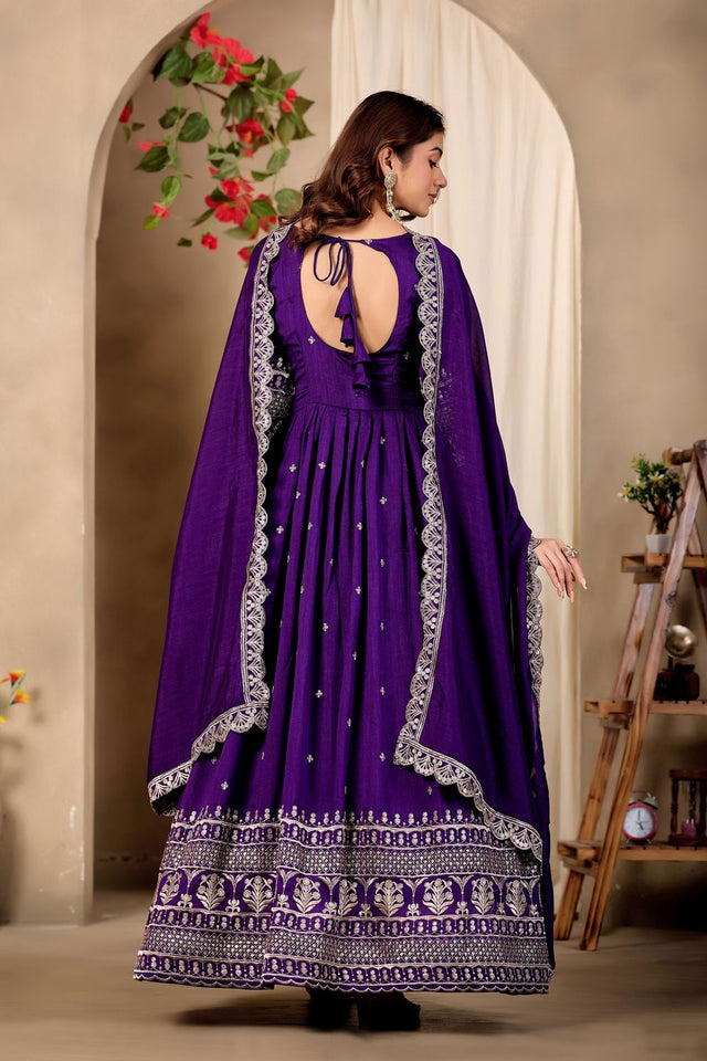 Purple Sequin with Floral Embroidered Art Silk Gown (ACB1406)