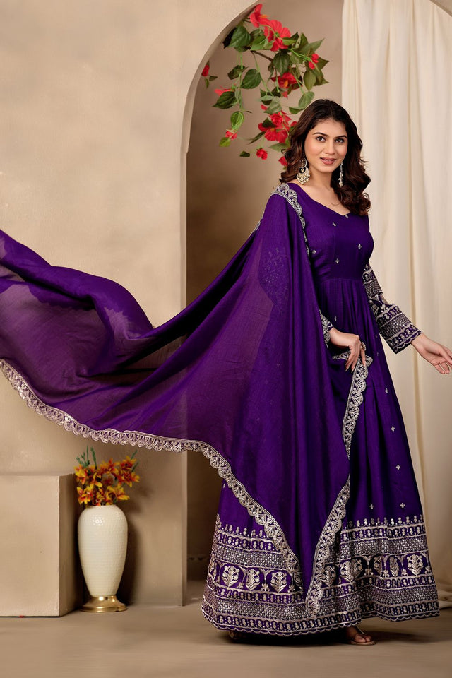 Purple Sequin with Floral Embroidered Art Silk Gown (ACB1406)