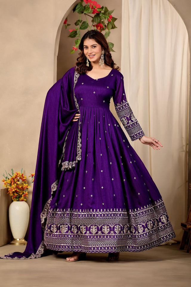 Purple Sequin with Floral Embroidered Art Silk Gown (ACB1406)