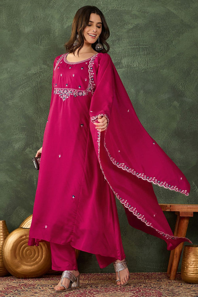 Pink Floral Embroidered Silk Straight Cut Suit (ACB1409)