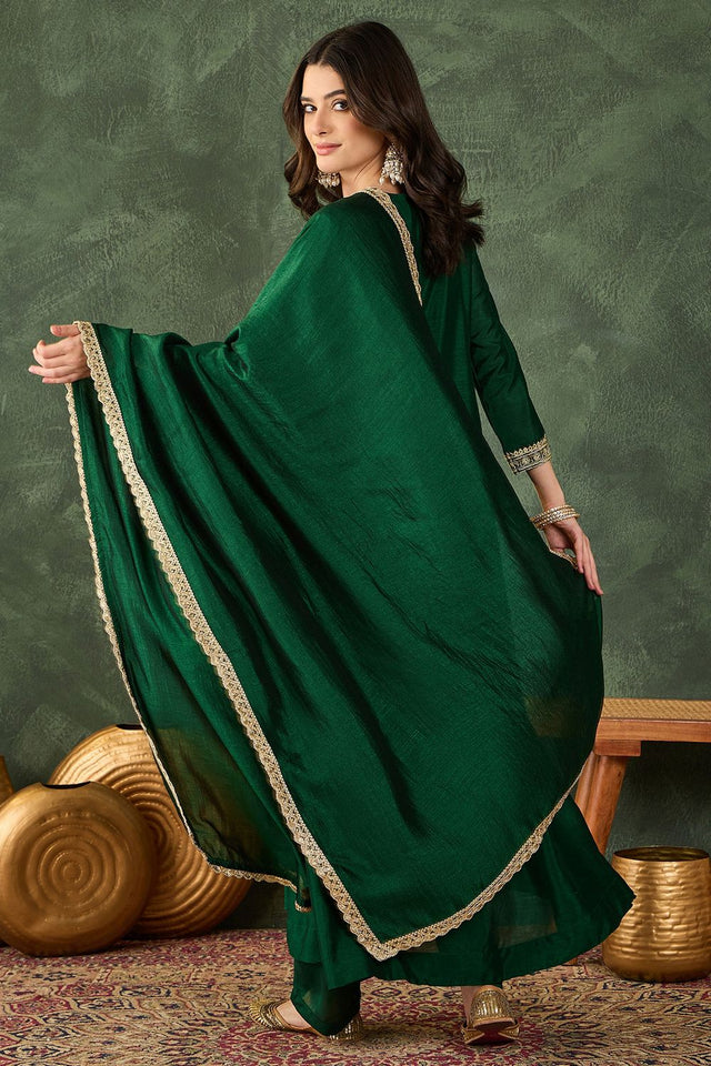 Green Floral Embroidered Silk Straight Cut Suit (ACB1410)
