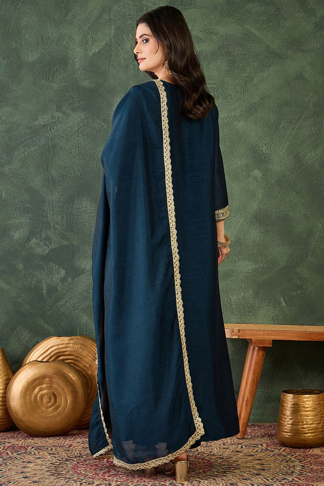 Blue Floral Embroidered Silk Straight Cut Suit (ACB1411)