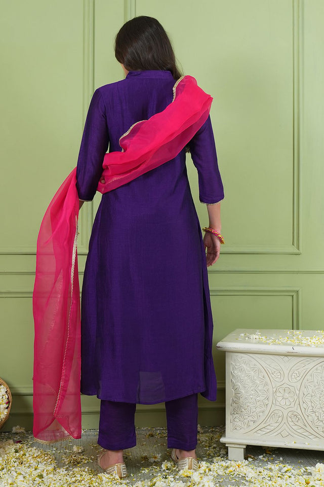 Violet Floral Embroidered Silk Straight Cut Suit (ACB1413)