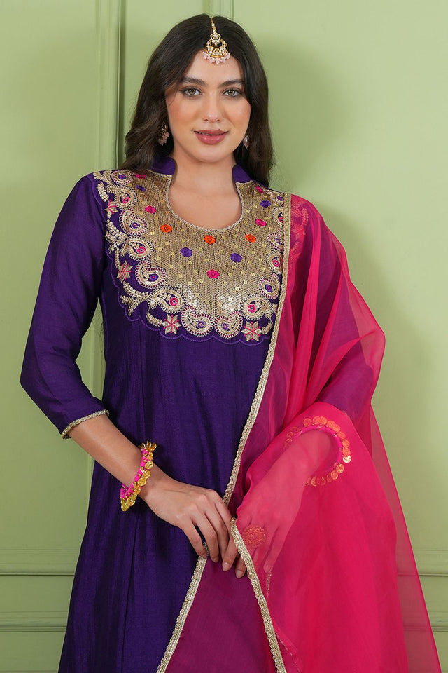 Violet Floral Embroidered Silk Straight Cut Suit (ACB1413)