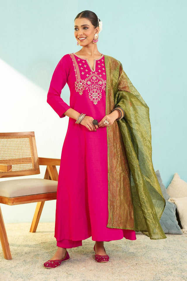 Pink Floral Embroidered Silk Straight Cut Suit (ACB1415)