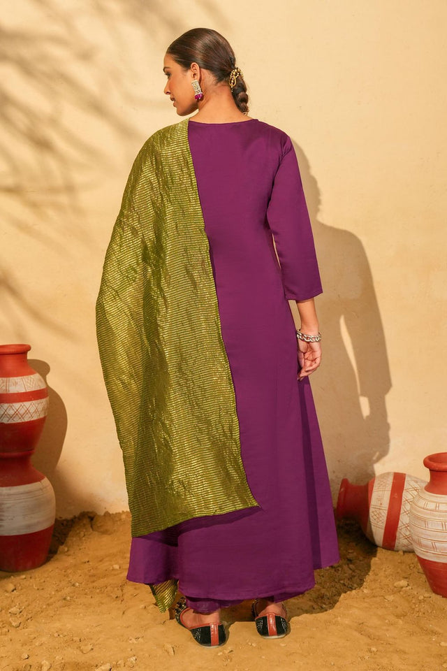 Wine Floral Embroidered Silk Straight Cut Suit (ACB1416)