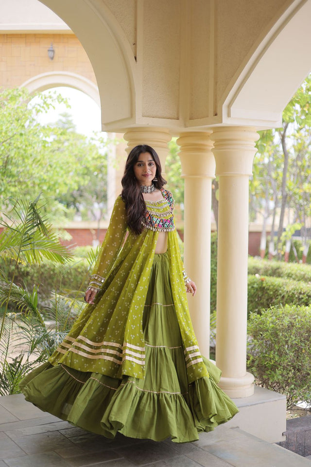 Green Flared with Lace Work Cotton Lehenga (ACB1422)