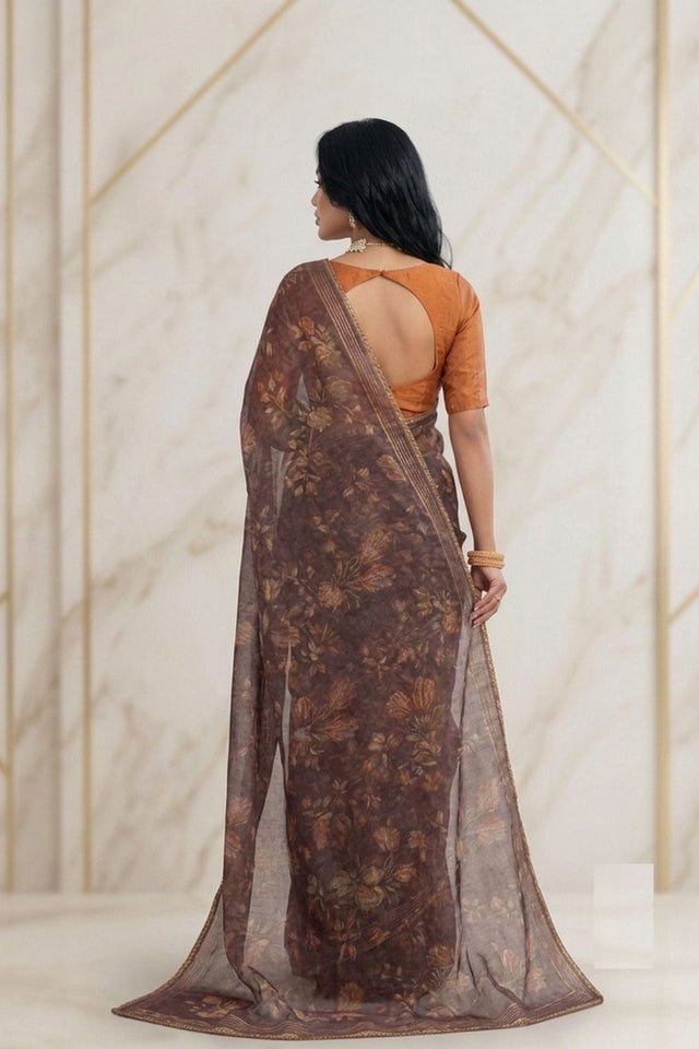 Brown Floral Printed Georgette Saree (ACB1425)