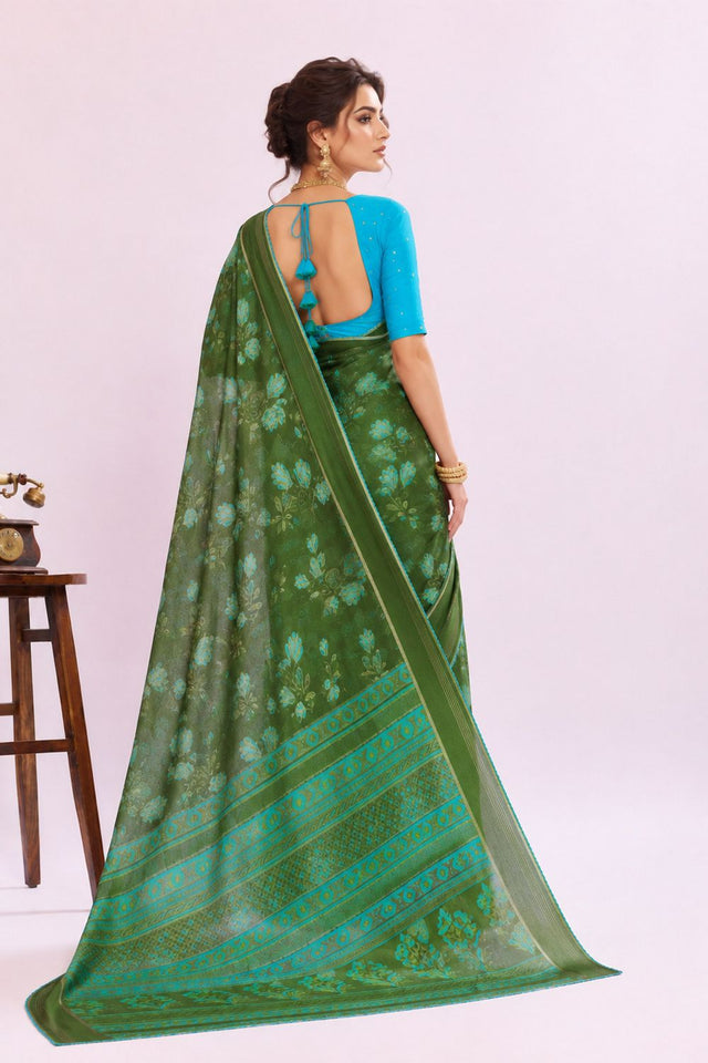 Green Floral Printed Georgette Saree (ACB1426)