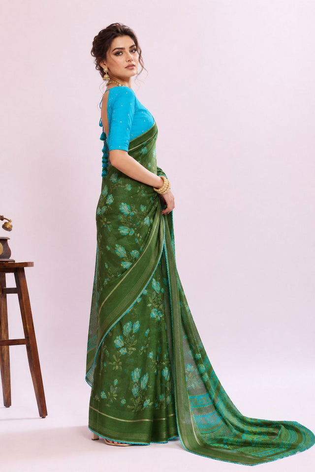 Green Floral Printed Georgette Saree (ACB1426)