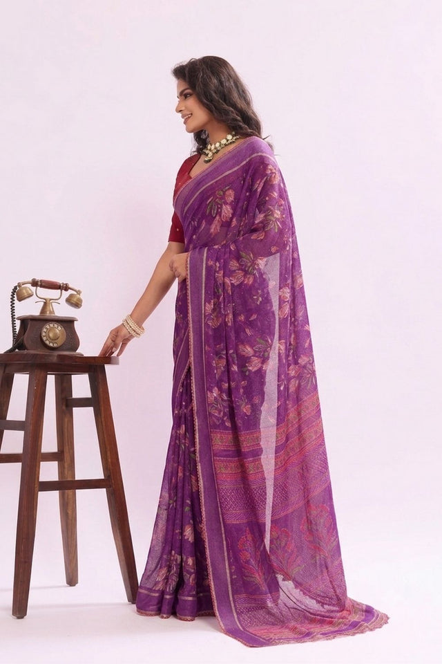 Purple Floral Printed Georgette Saree (ACB1427)