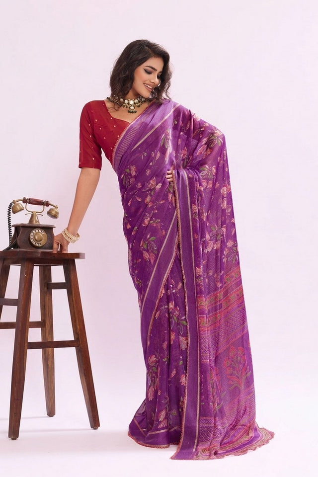 Purple Floral Printed Georgette Saree (ACB1427)