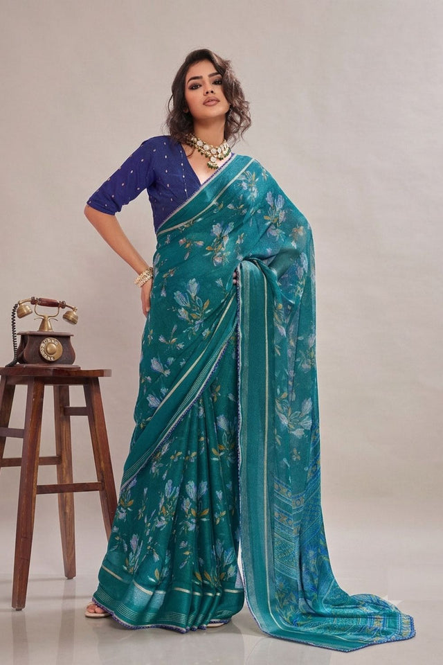 Turquoise Floral Printed Georgette Saree (ACB1428)