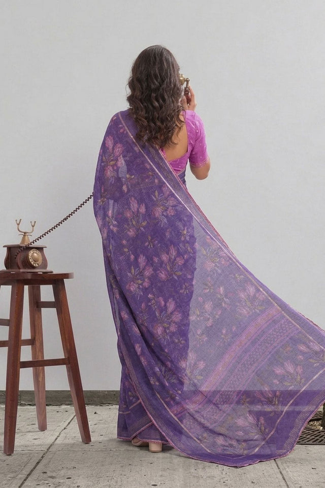 Violet Floral Printed Georgette Saree (ACB1429)