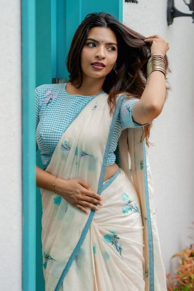 Off White Floral Printed Cotton Saree (ACB1431)